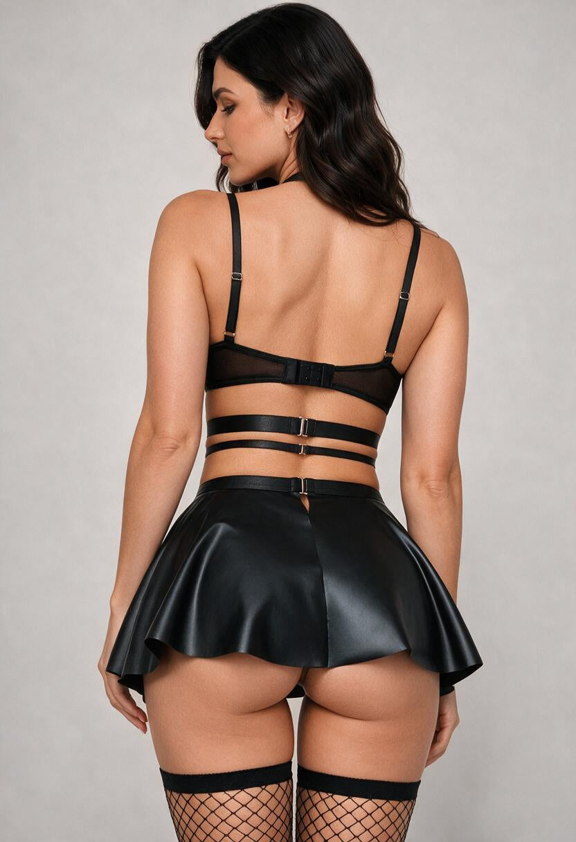 Set de lencería de 4 piezas: bralette con realce y cadena, minifalda, hilo y medias negras