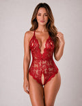 Body de encaje rojo halter con escote profundo