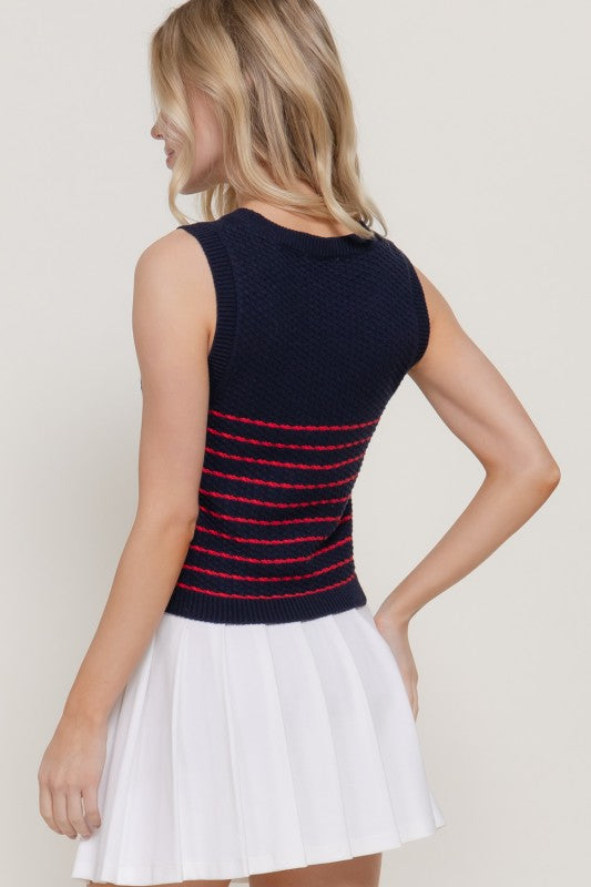 Top de punto sin mangas con cuello redondo y rayas, con detalle de bordado