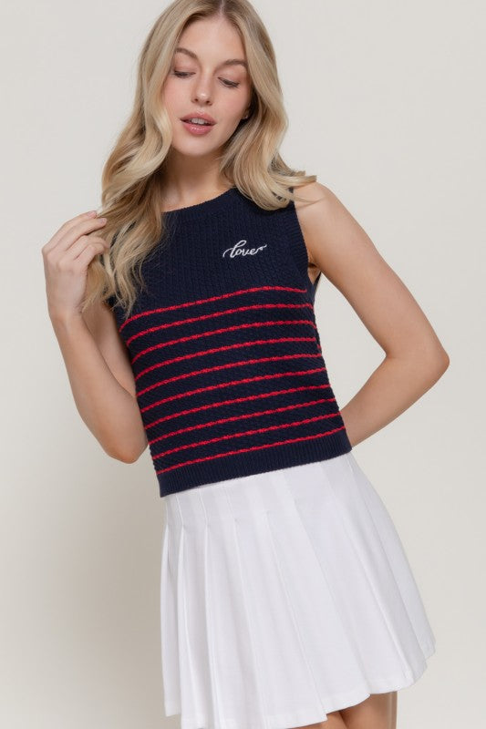 Top de punto sin mangas con cuello redondo y rayas, con detalle de bordado