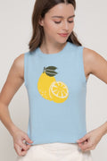 Top celeste de punto jacquard sin mangas con cuello redondo