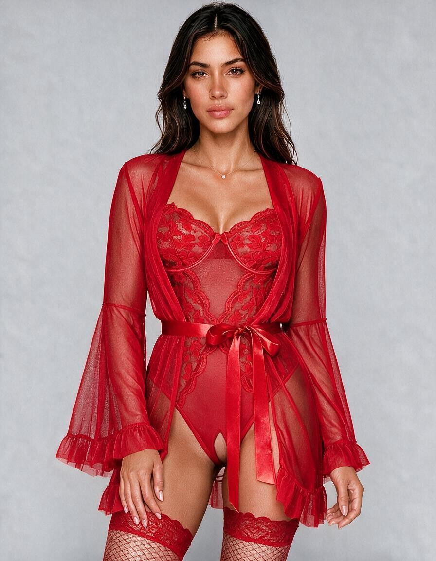 Body vino con abertura y Bata y Cinturón y 1 par de medias