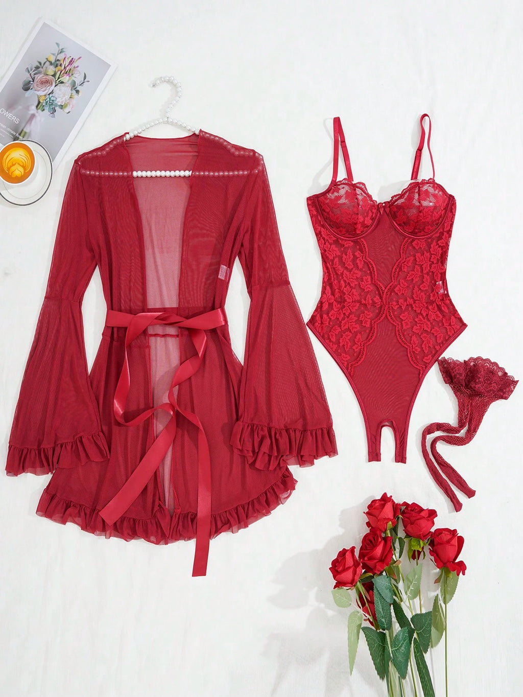 Body vino con abertura y Bata y Cinturón y 1 par de medias - imagen 5