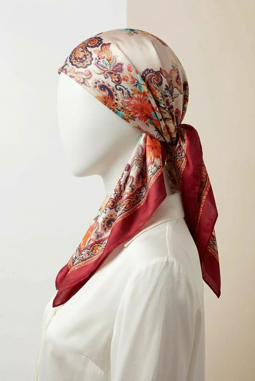 Pañuelo cuadrado rojo con estampado de paisley vintage, flores rojas
