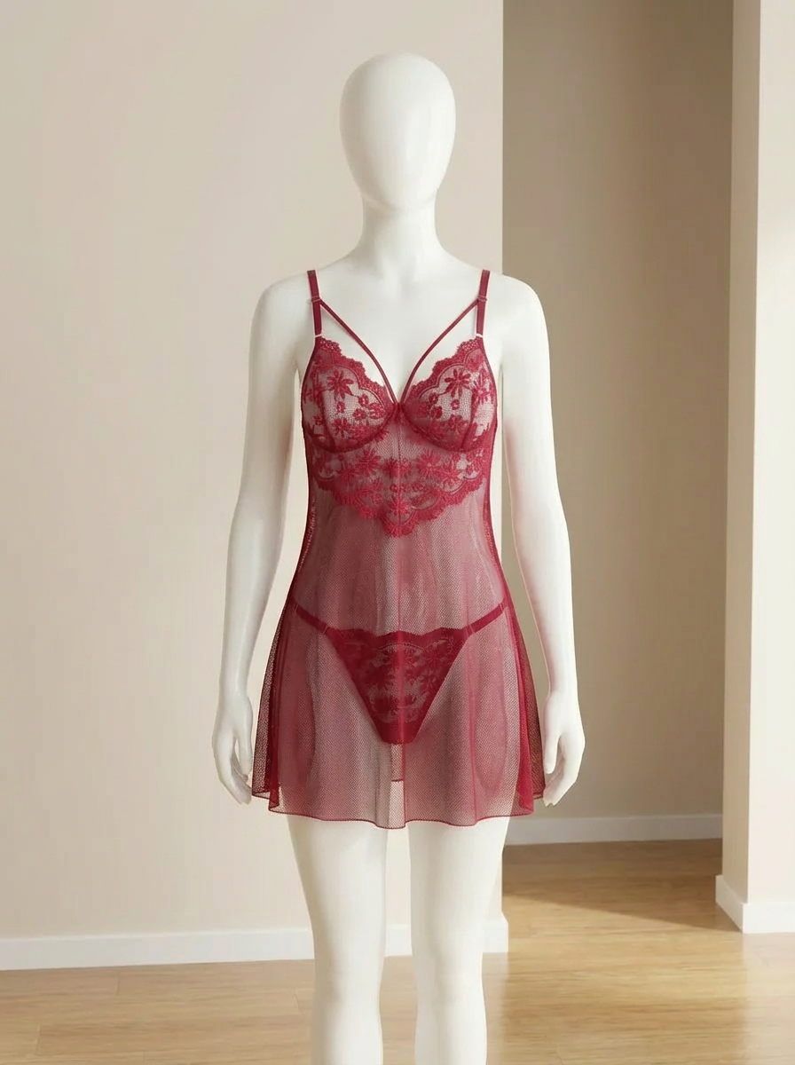 Conjunto de dos piezas de lencería color vino, baby doll con hilo ajustable