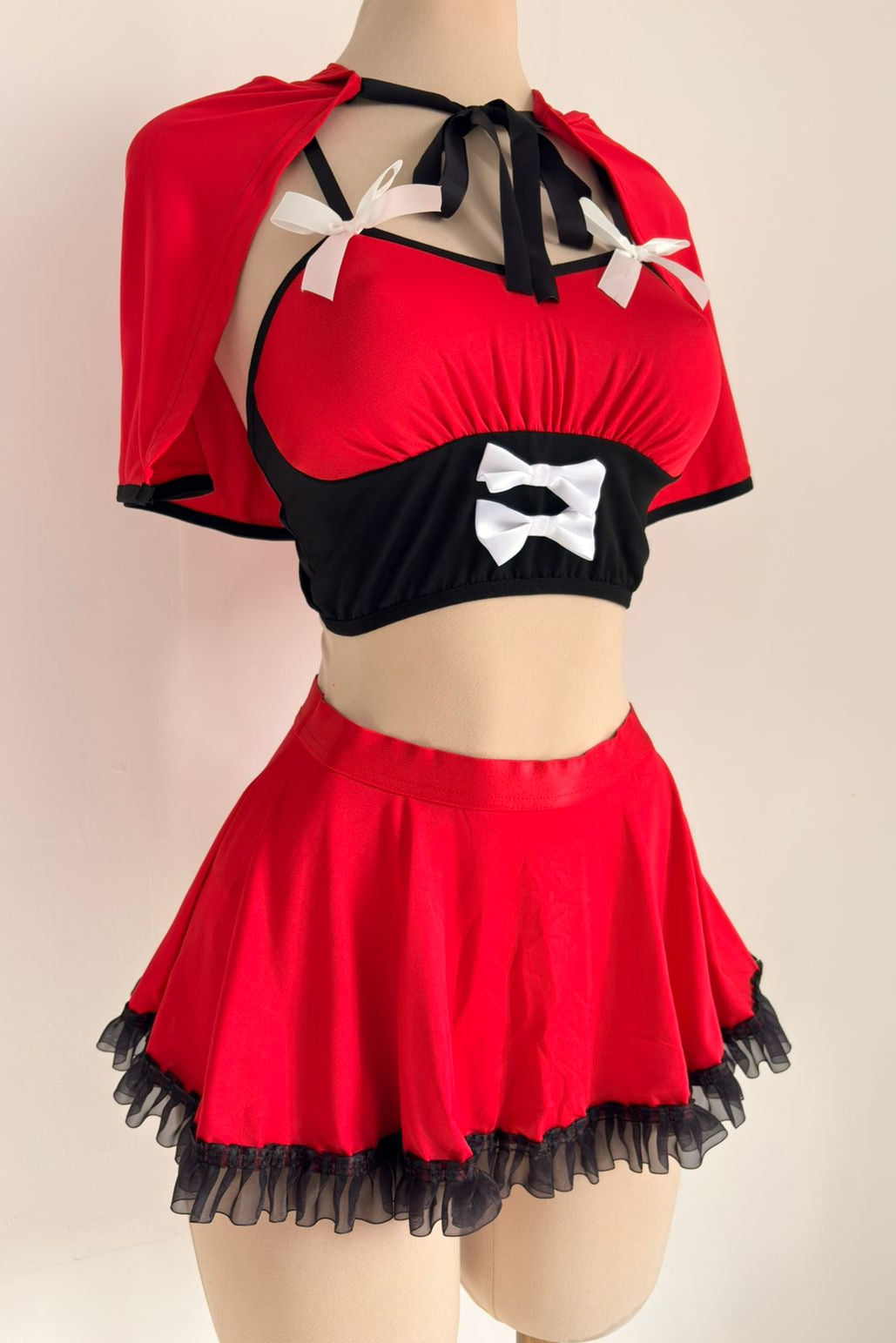 Conjunto de 3 piezas Disfraz de Caperucita Roja, capa, minifalda, rojo