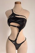 Body asimétrico, de material PU brillante, con líneas, recortes