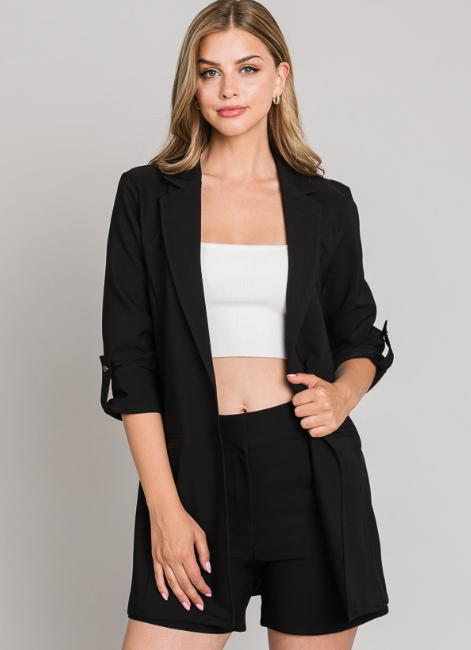 Blazer negro largo tipo túnica con puños enrollados de tejido Ponte - imagen 3
