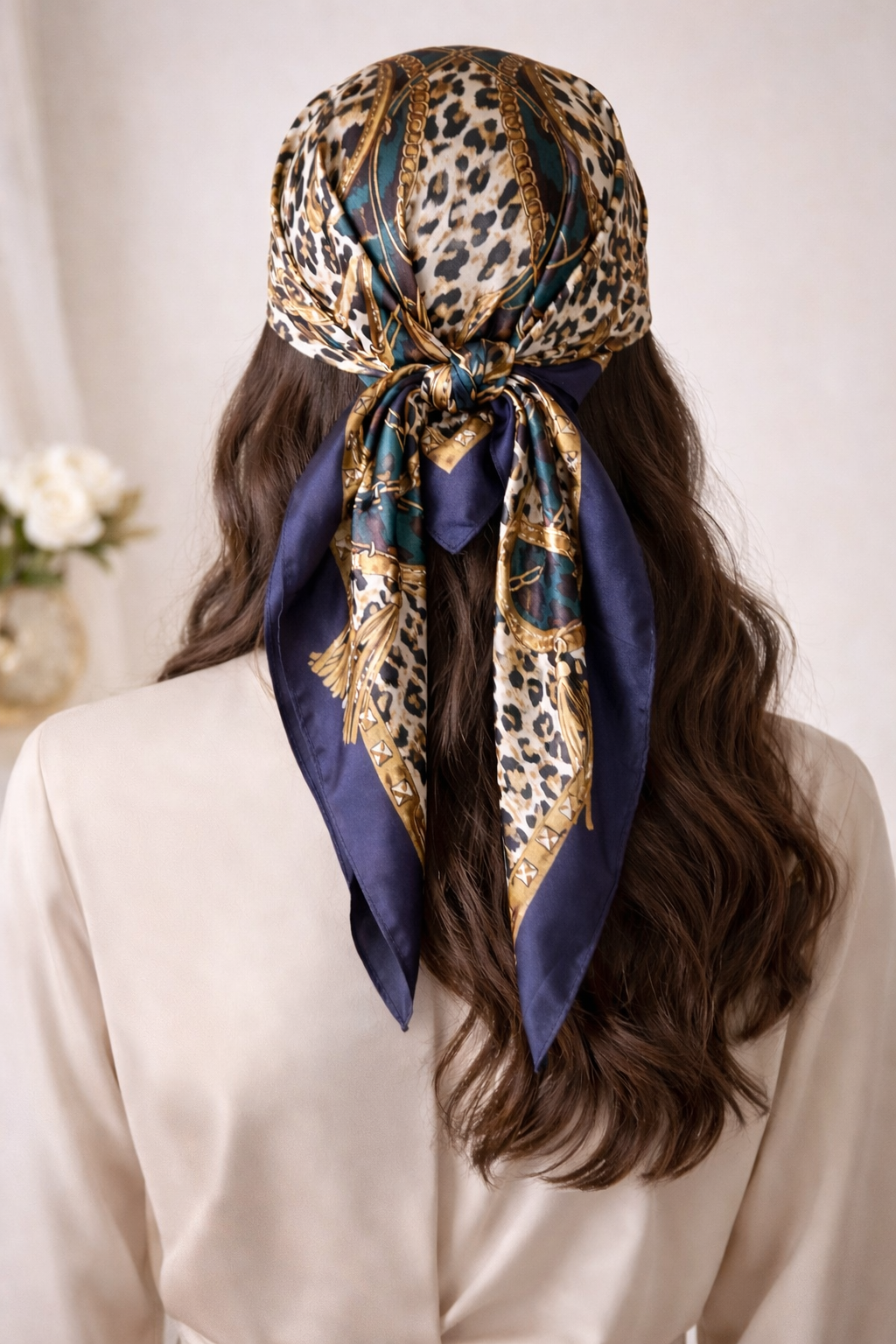 Pañuelo bandana cuadrado de seda con estampado de cadena de leopardo - imagen 3