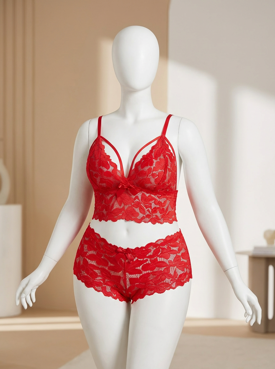Conjunto de lencería de encaje en tallas plus, color rojo