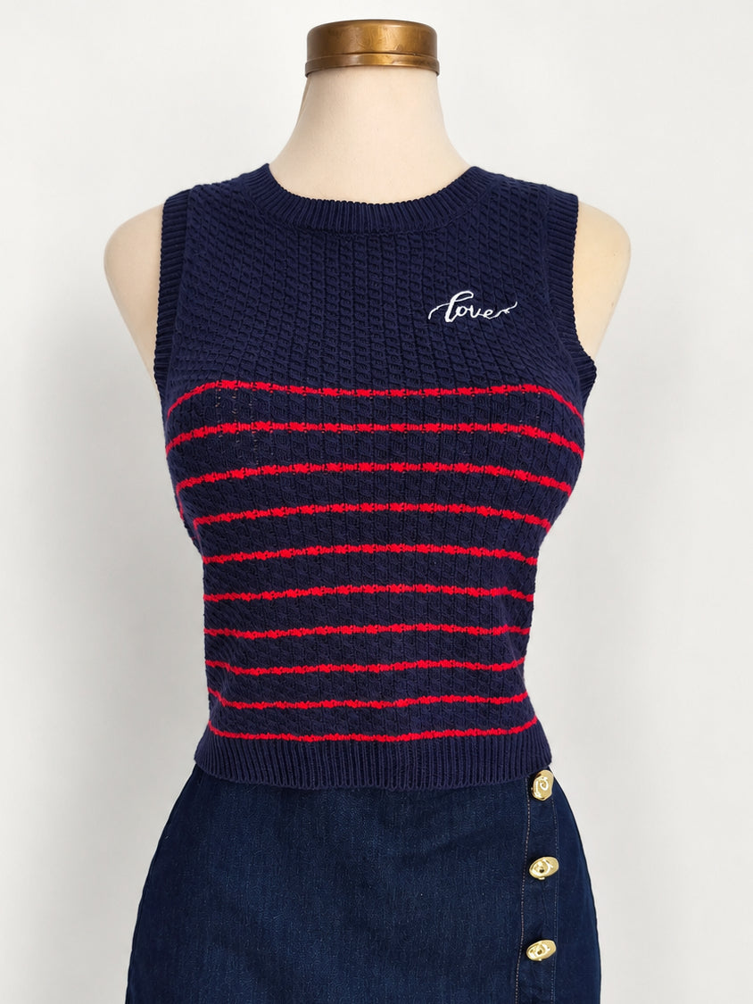 Top de punto sin mangas con cuello redondo y rayas, con detalle de bordado