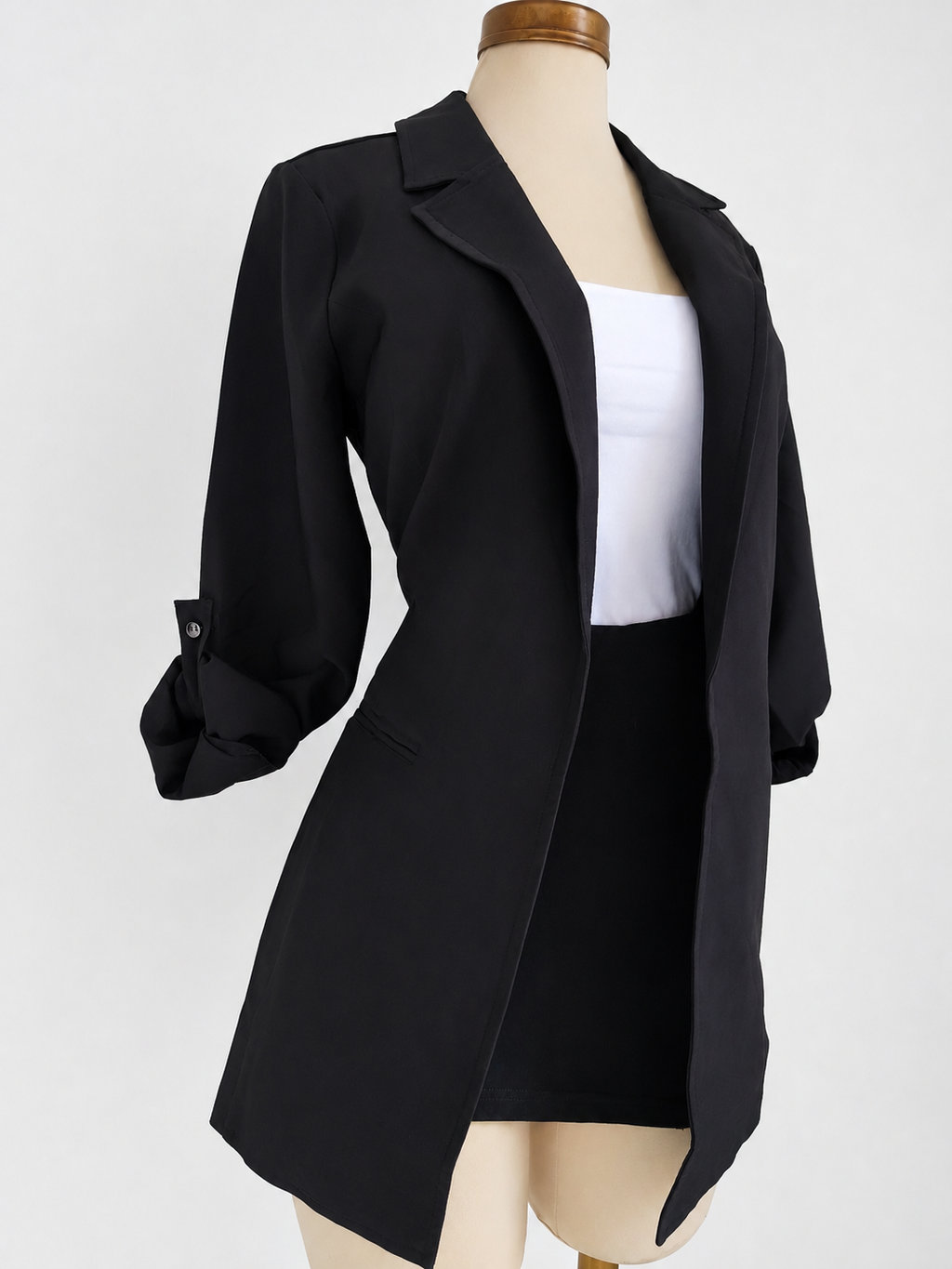 Blazer negro largo tipo túnica con puños enrollados de tejido Ponte - imagen 5