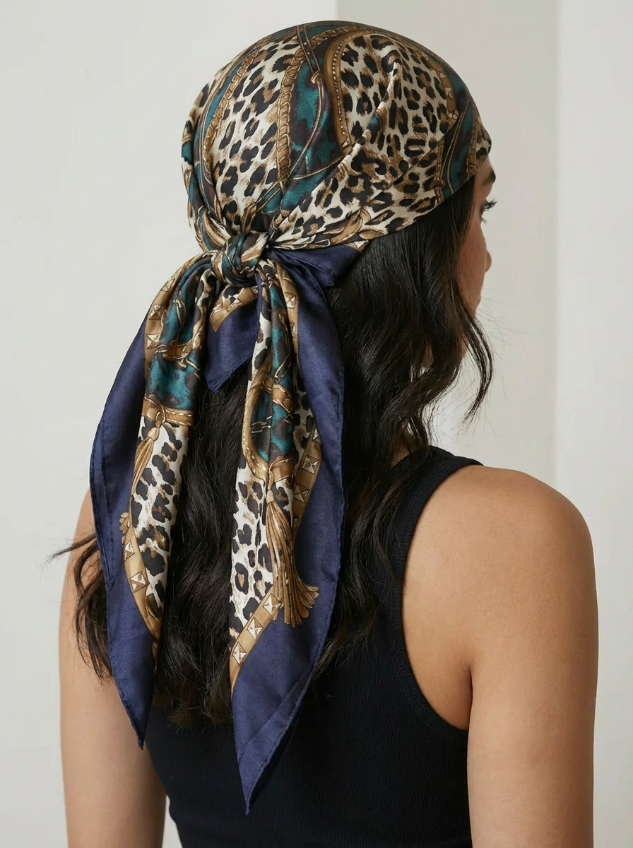 Pañuelo bandana cuadrado de seda con estampado de cadena de leopardo