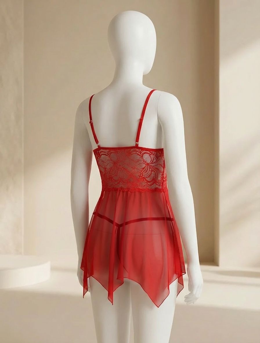 Conjunto de lencería con encaje floral, color rojo - imagen 2