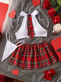 Conjunto de disfraz de uniforme a cuadros, con top corto sin espalda