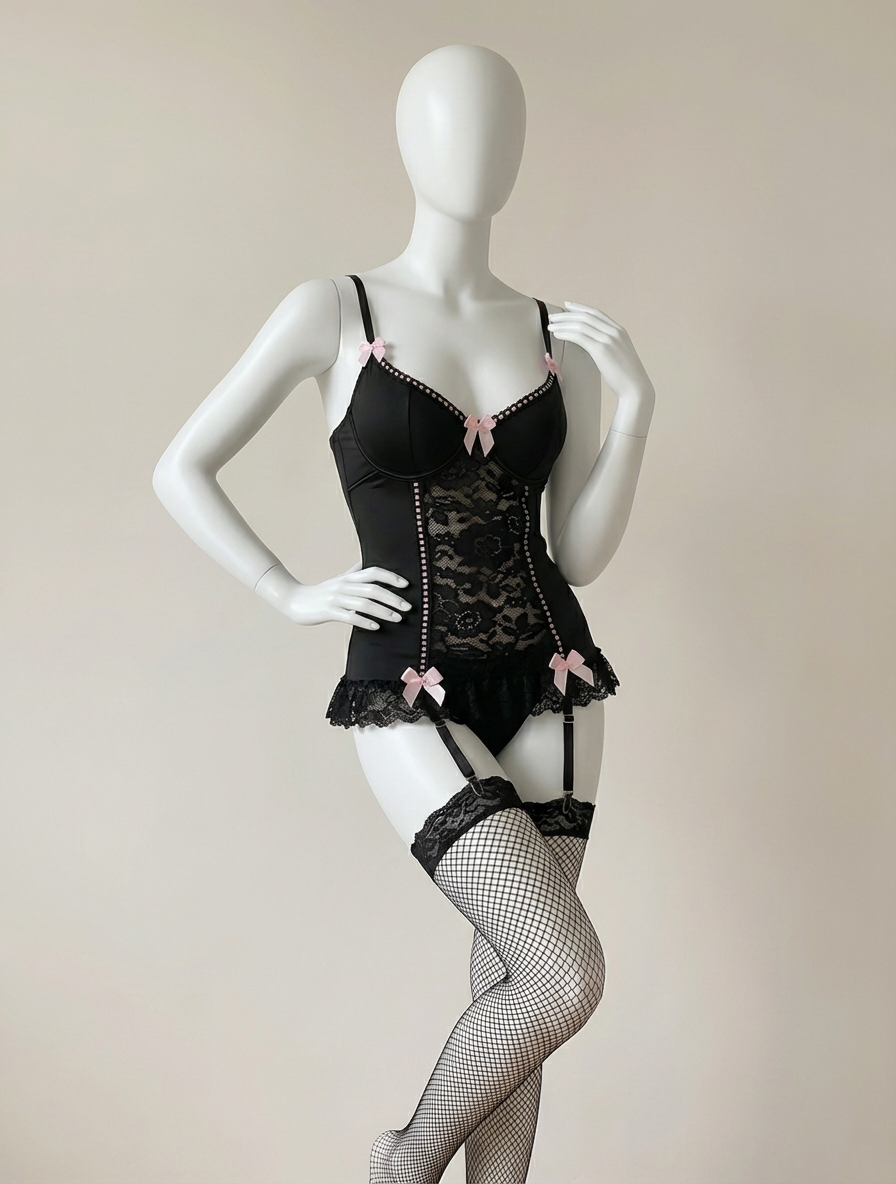 Conjunto de lencería con corsé con aros y liguero con encaje floral - imagen 3