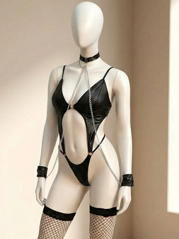 Body teddy PU con abertura con gargantilla con medias - imagen 3