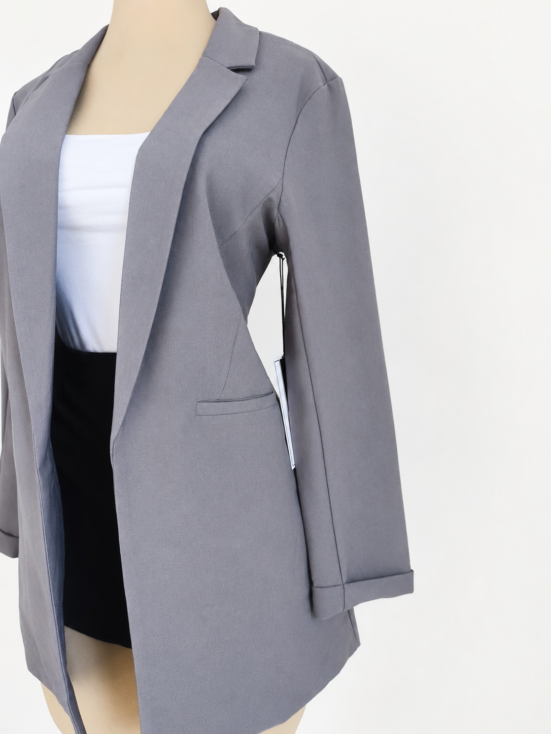 Chaqueta gris tipo blazer larga sin botones estilo princesa de sarga