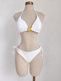 Traje de baño 2 piezas, blanco con decoración de concha dorada