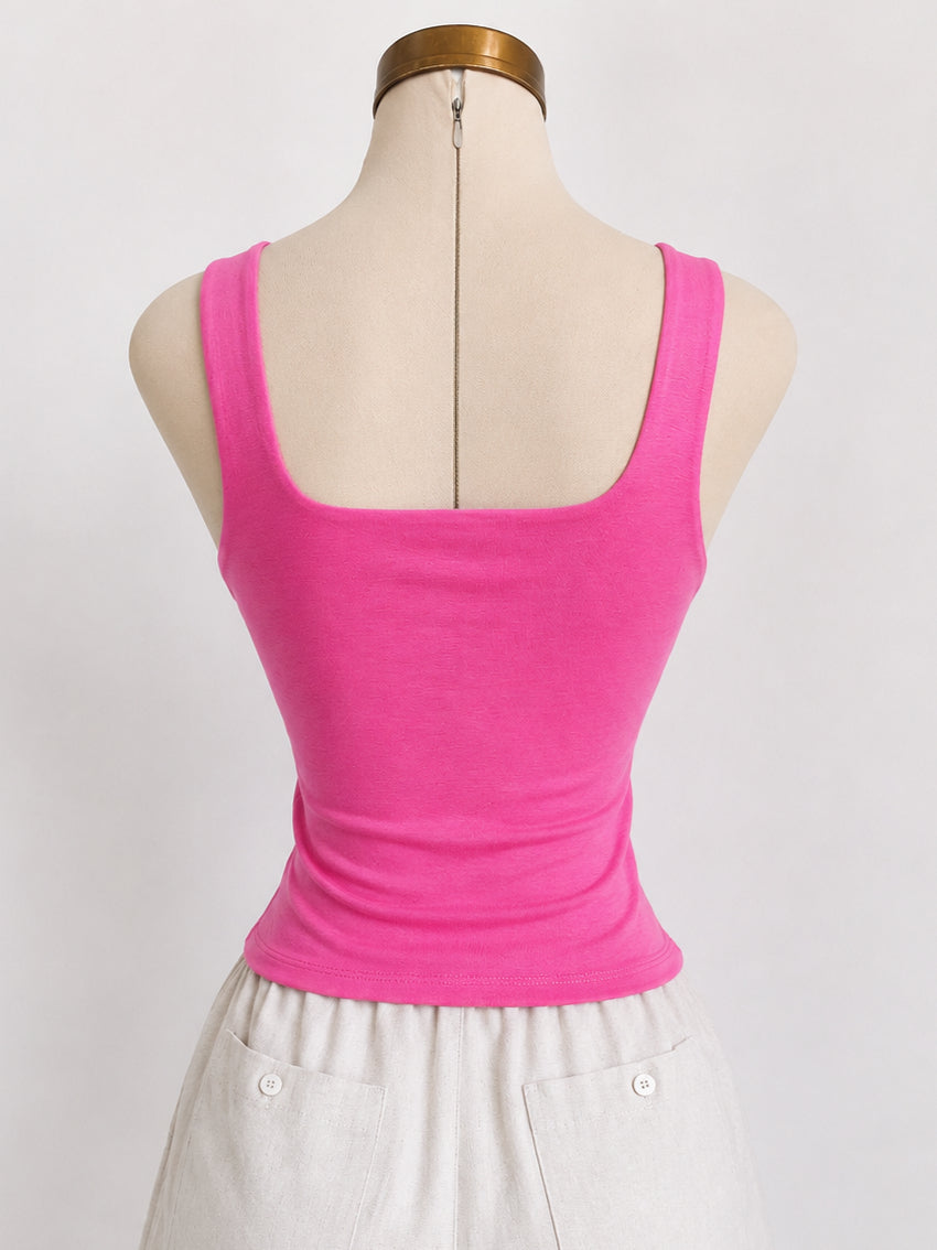 Camiseta fucsia sin mangas de cuello cuadrado de doble capa de punto - imagen 2