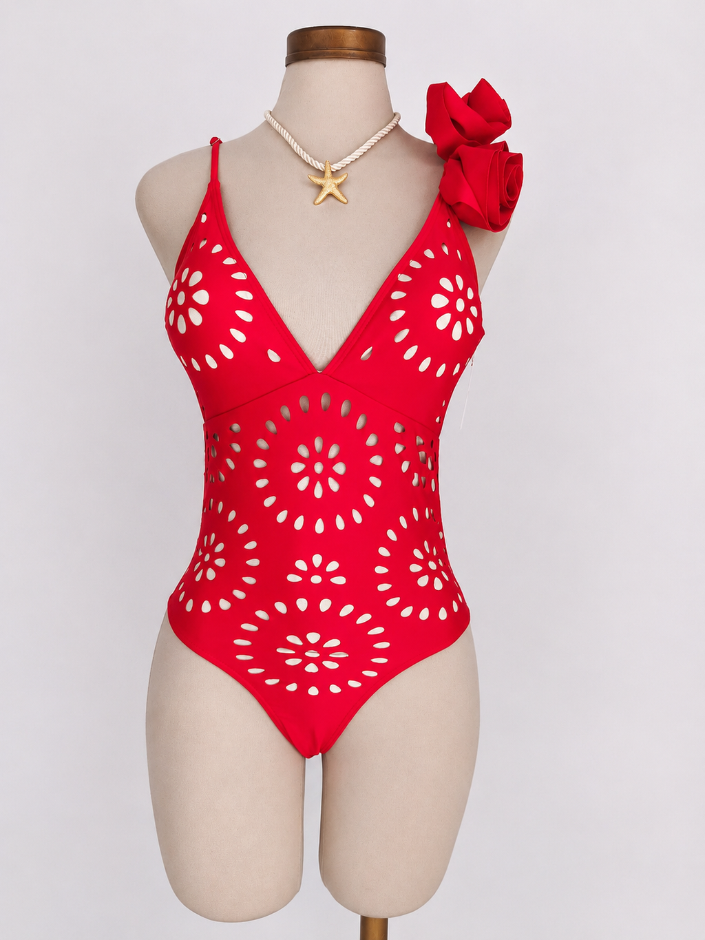 Traje de baño de 2 piezas con falda, de cuello en V, color rojo - imagen 4