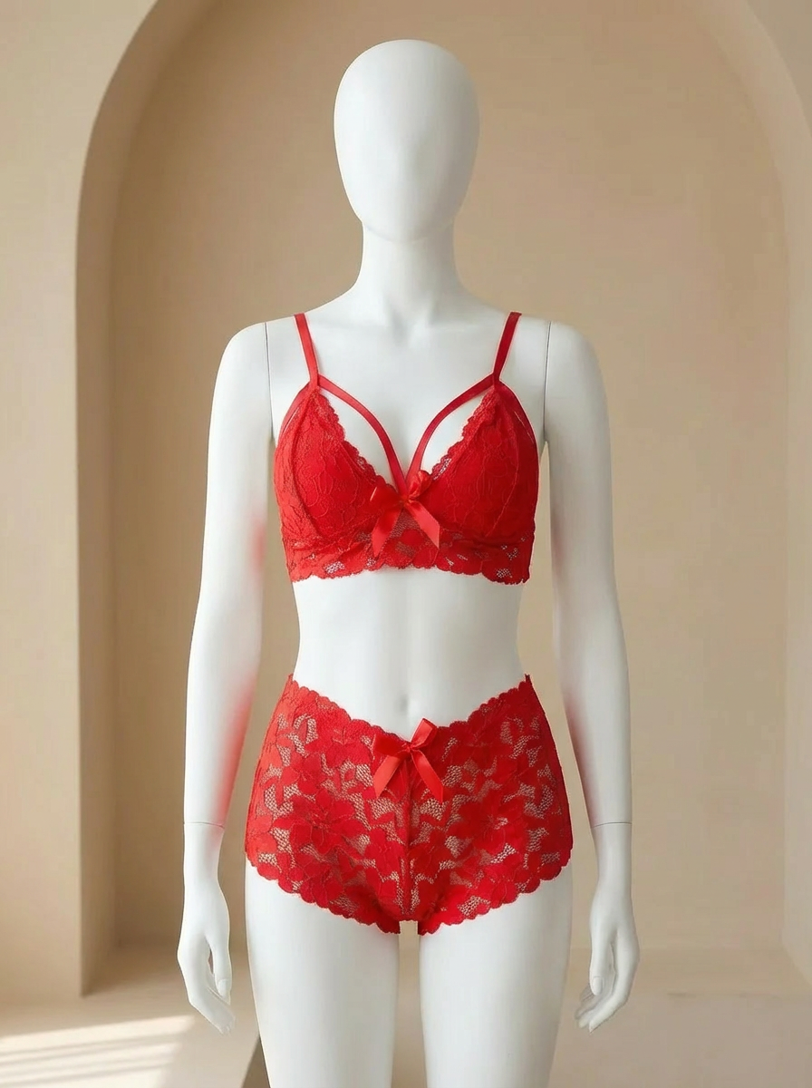 Conjunto de lencería con sujetador y calzones tipo short con lazo