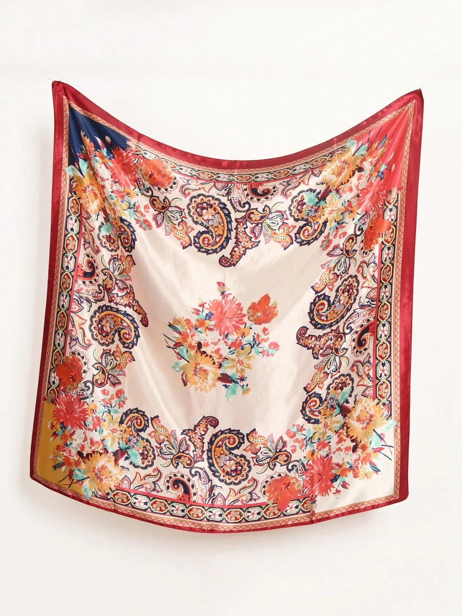 Pañuelo cuadrado rojo con estampado de paisley vintage, flores rojas - imagen 3