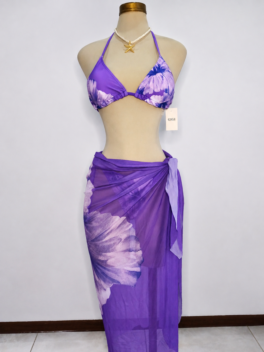 Traje de baño de 3 piezas, color morado, con estampado floral color lila