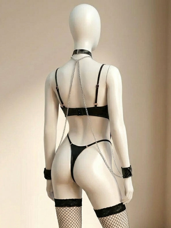 Body teddy PU con abertura con gargantilla con medias - imagen 2