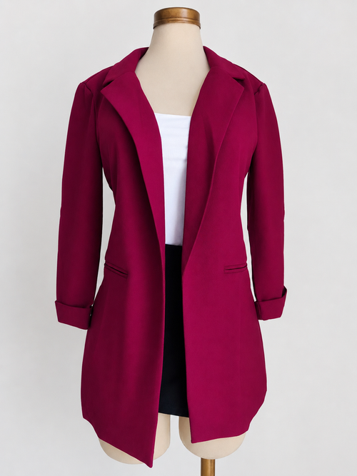 Blazer color vino larga básica con puños y frente abierto