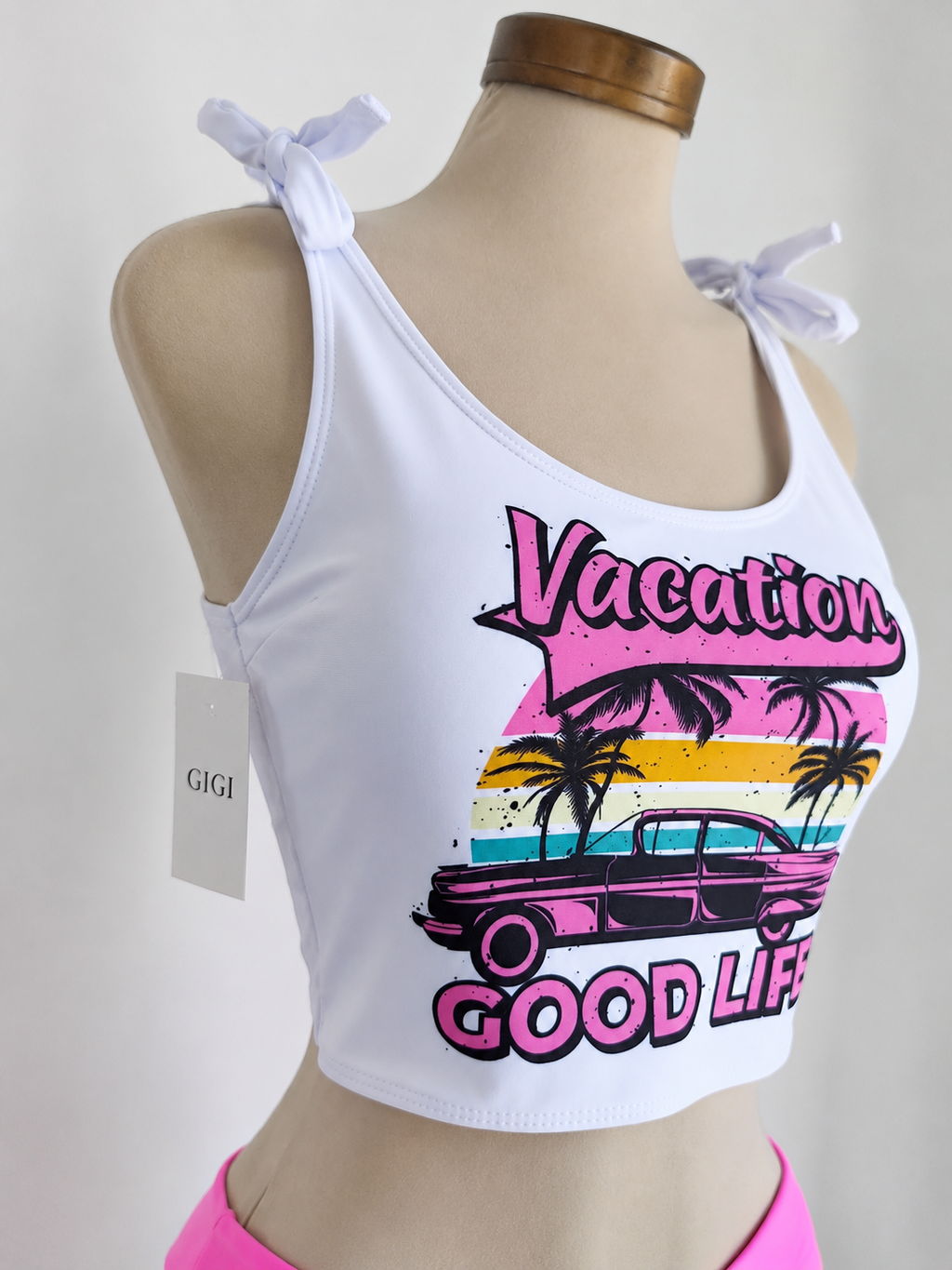 Traje de baño de 2 piezas con estampado en top, color blanco y rosado - imagen 3