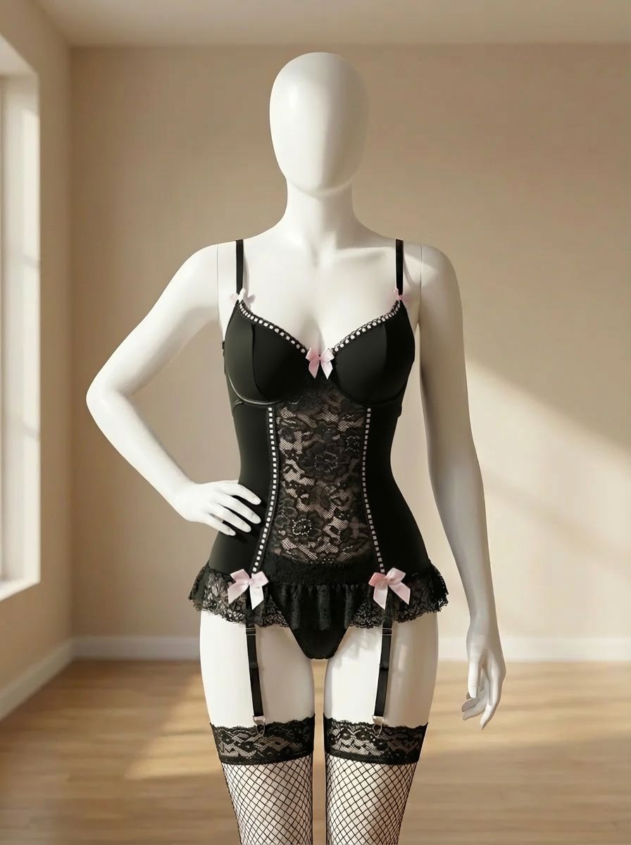 Conjunto de lencería con corsé con aros y liguero con encaje floral