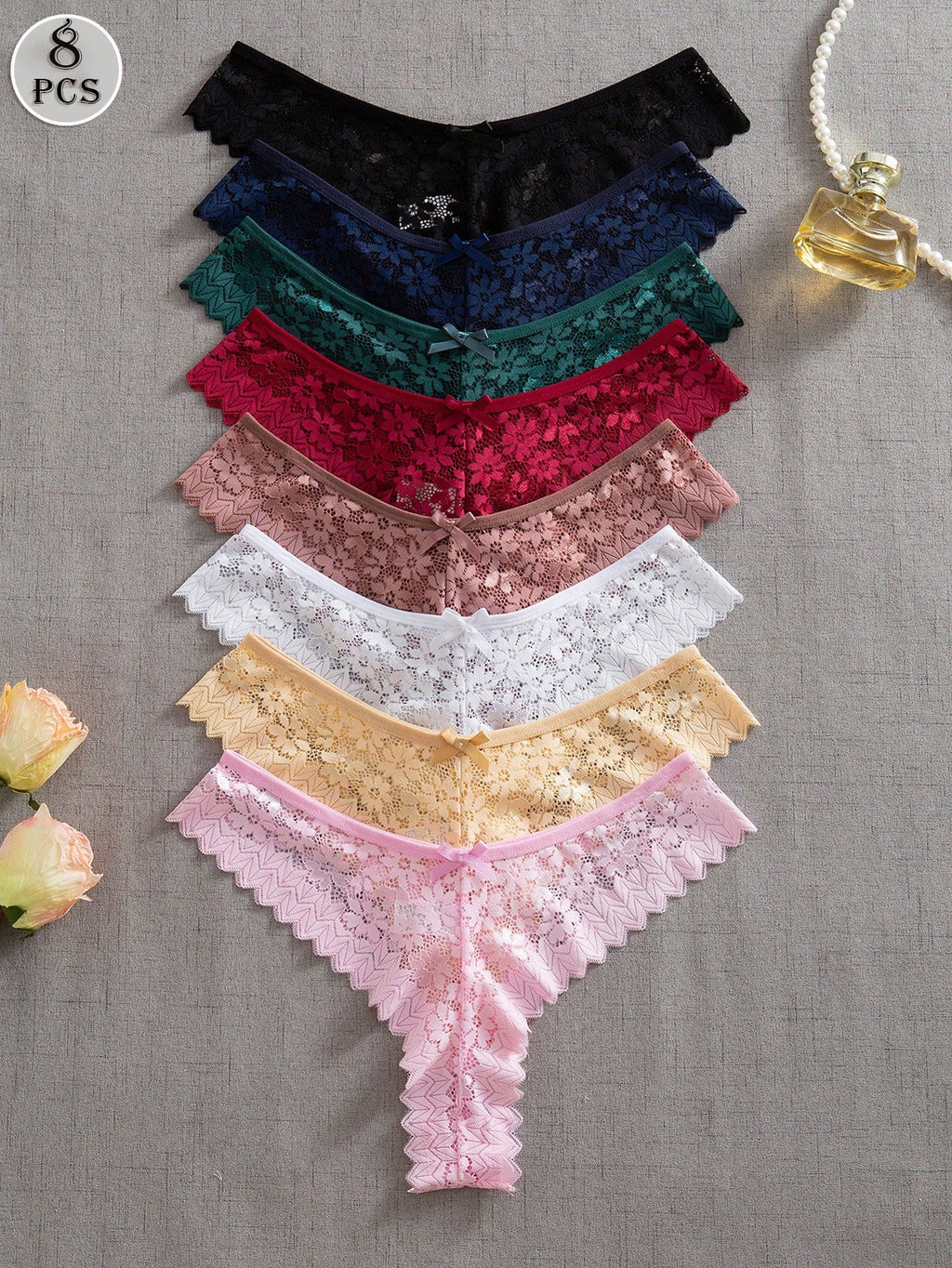 Set de 8 bragas de lencería romántica de varios colores