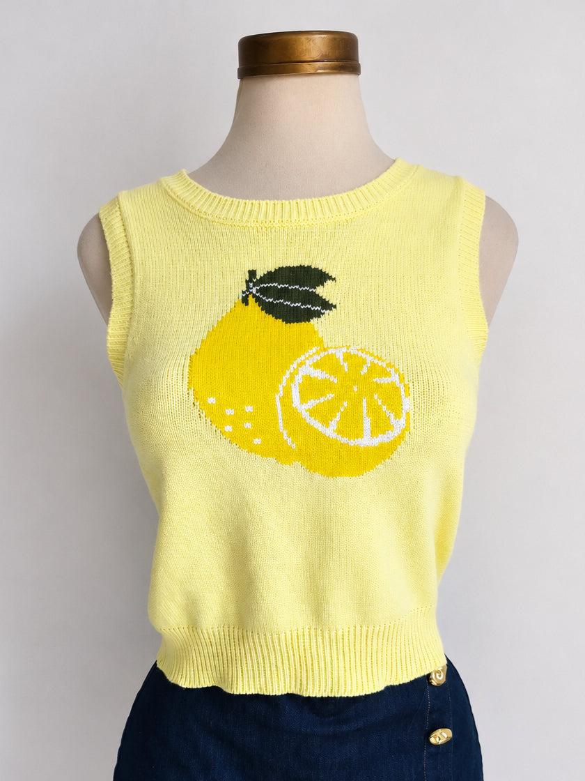 Top amarillo de jacquard sin mangas con cuello redondo