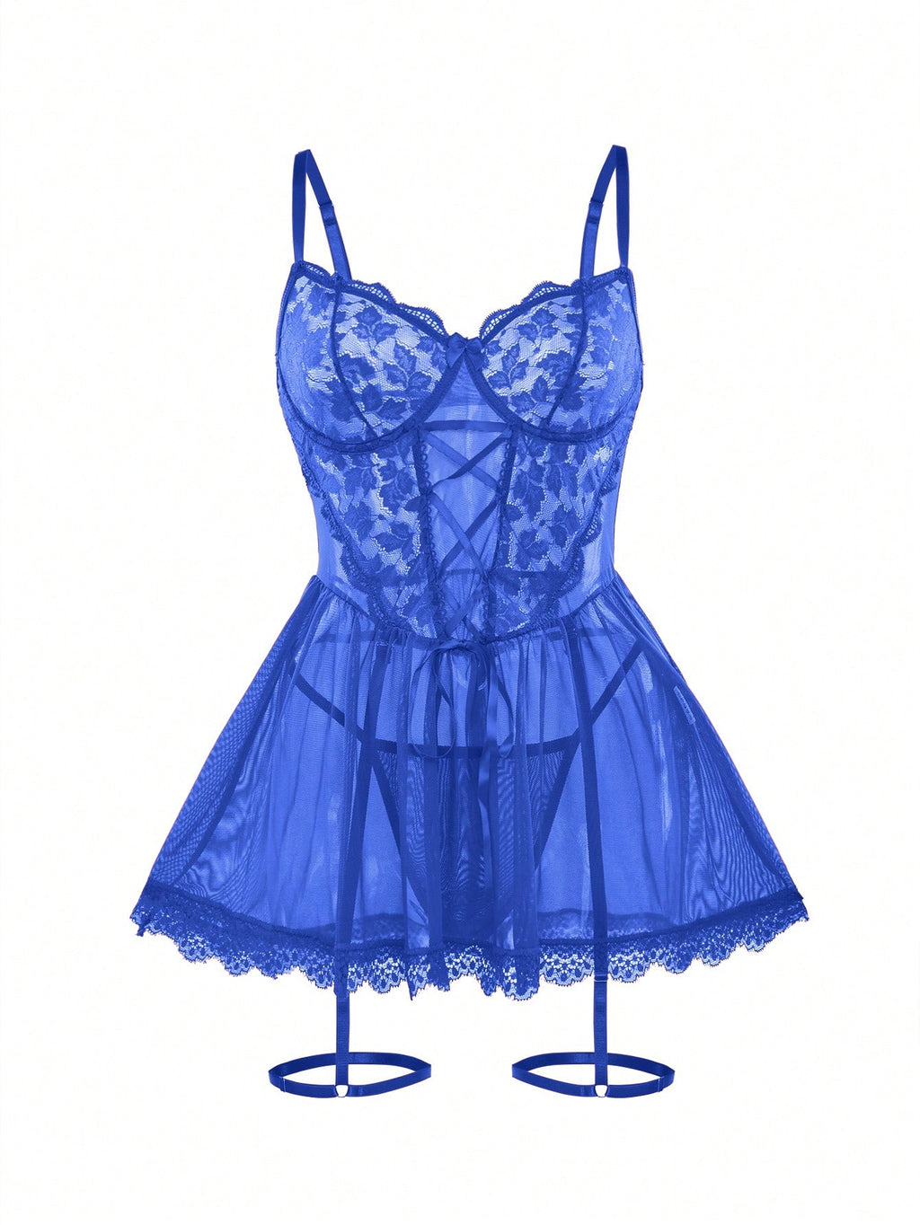 Conjunto de lencería de azul encaje con liguero e hilo - imagen 4