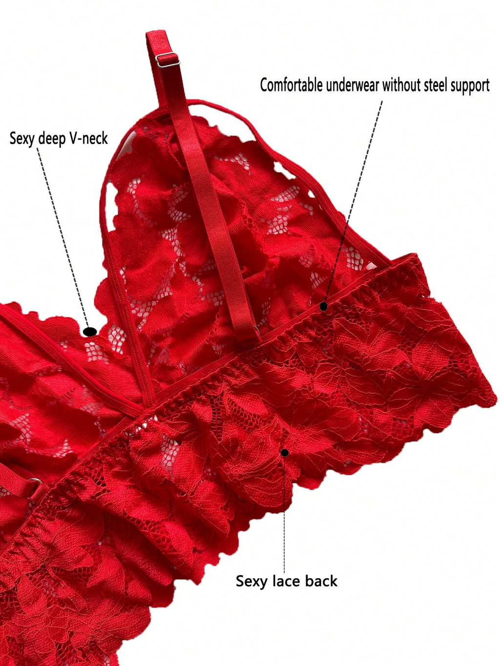 Conjunto de lencería de encaje en tallas plus, color rojo - imagen 6