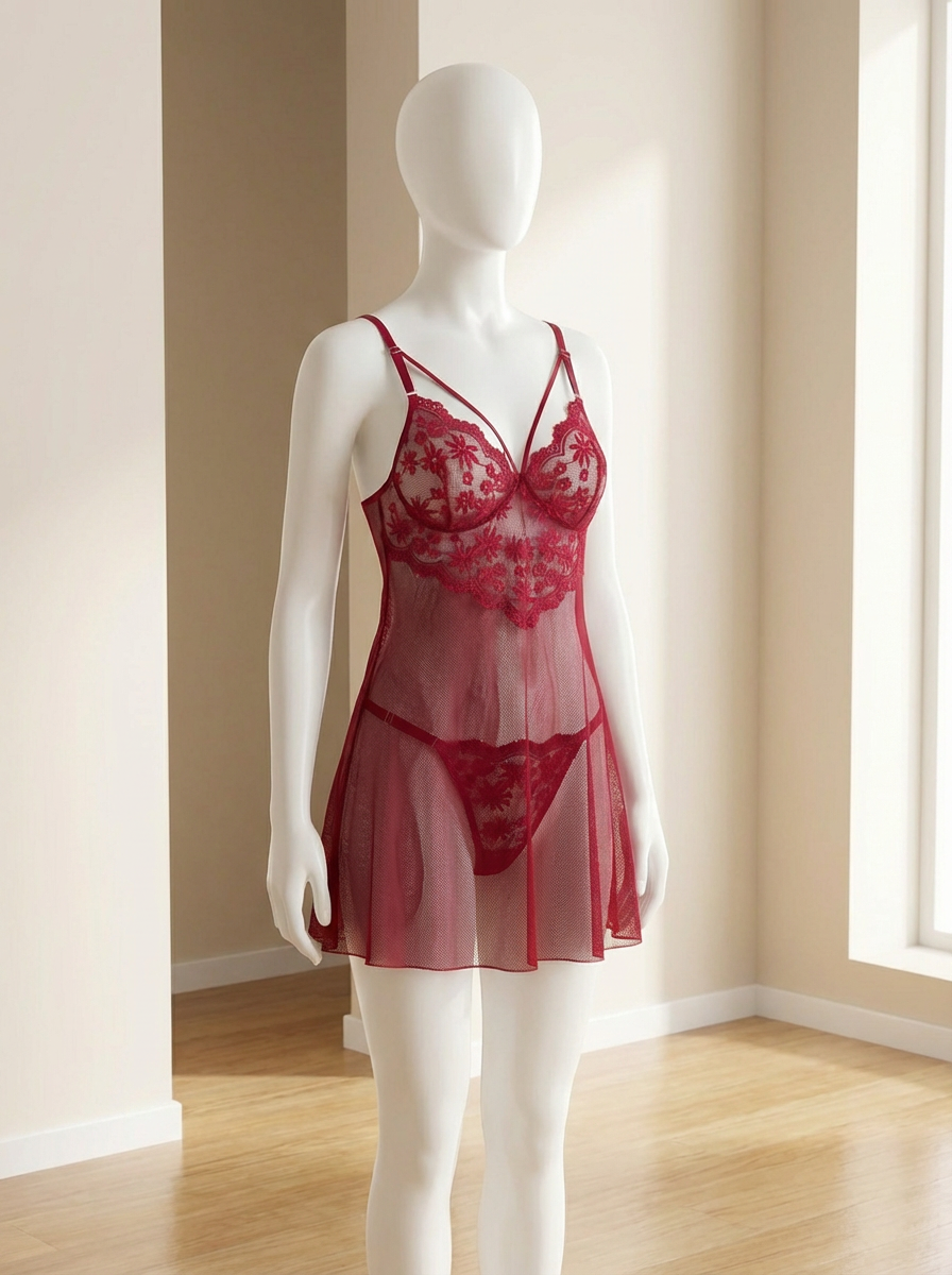 Conjunto de dos piezas de lencería color vino, baby doll con hilo ajustable - imagen 3