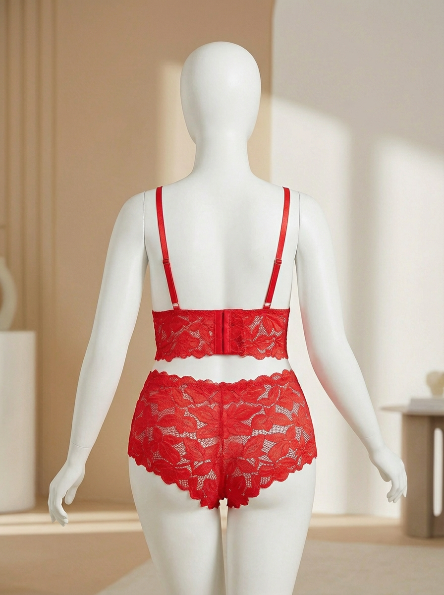 Conjunto de lencería de encaje en tallas plus, color rojo - imagen 2