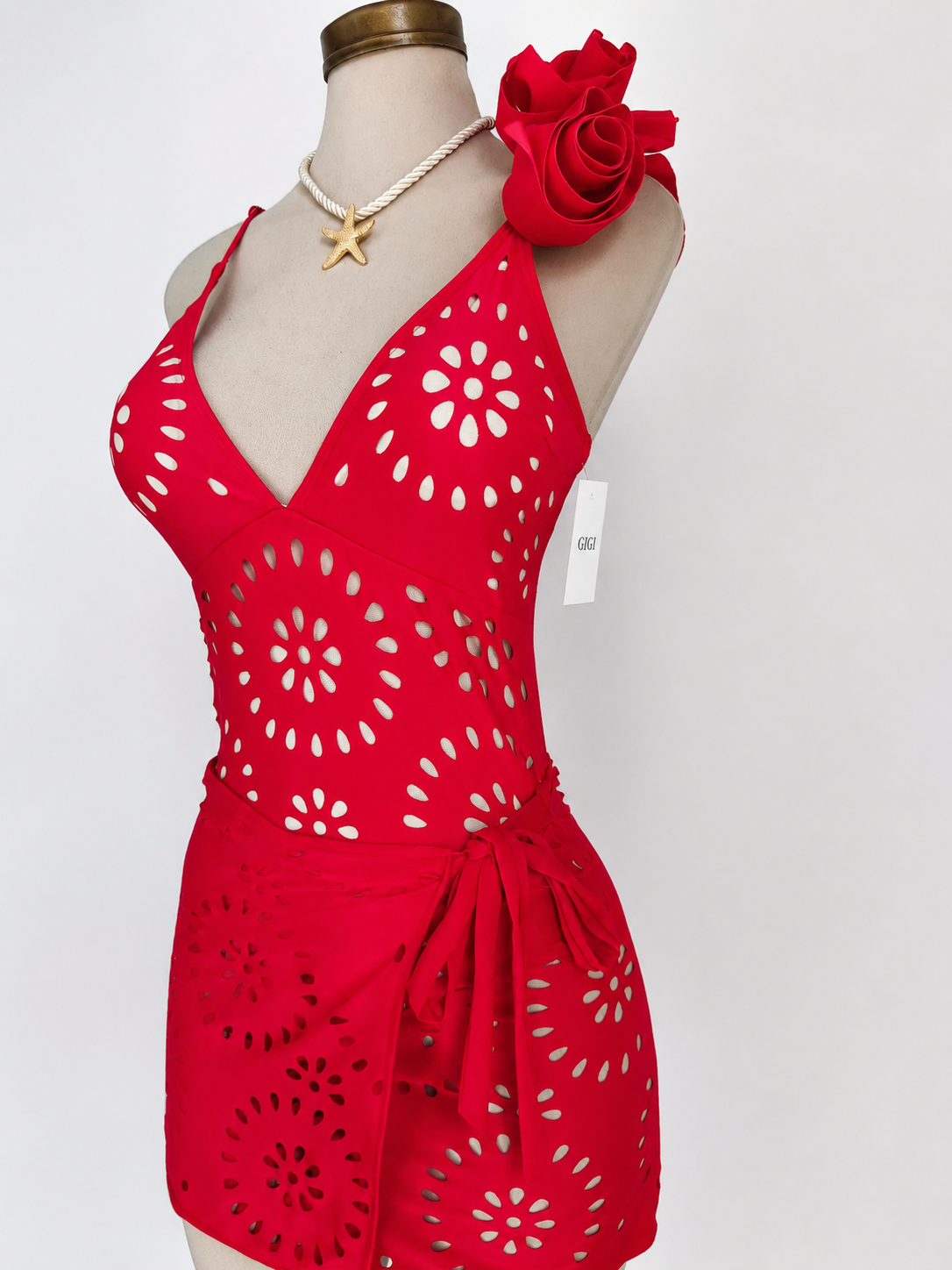 Traje de baño de 2 piezas con falda, de cuello en V, color rojo - imagen 3