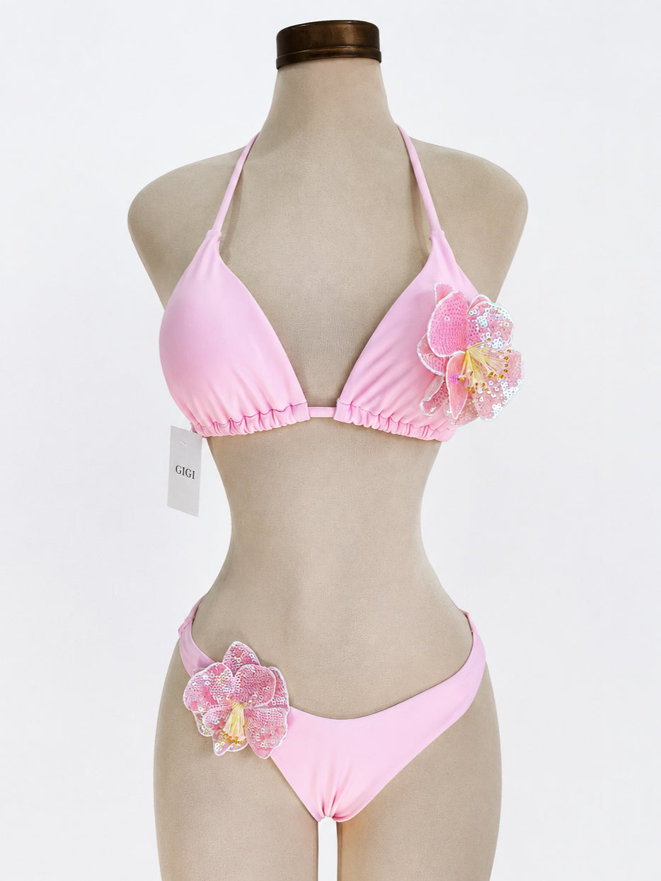 Conjunto de bikini FLORA de 2 piezas, tela brillante con decoración floral