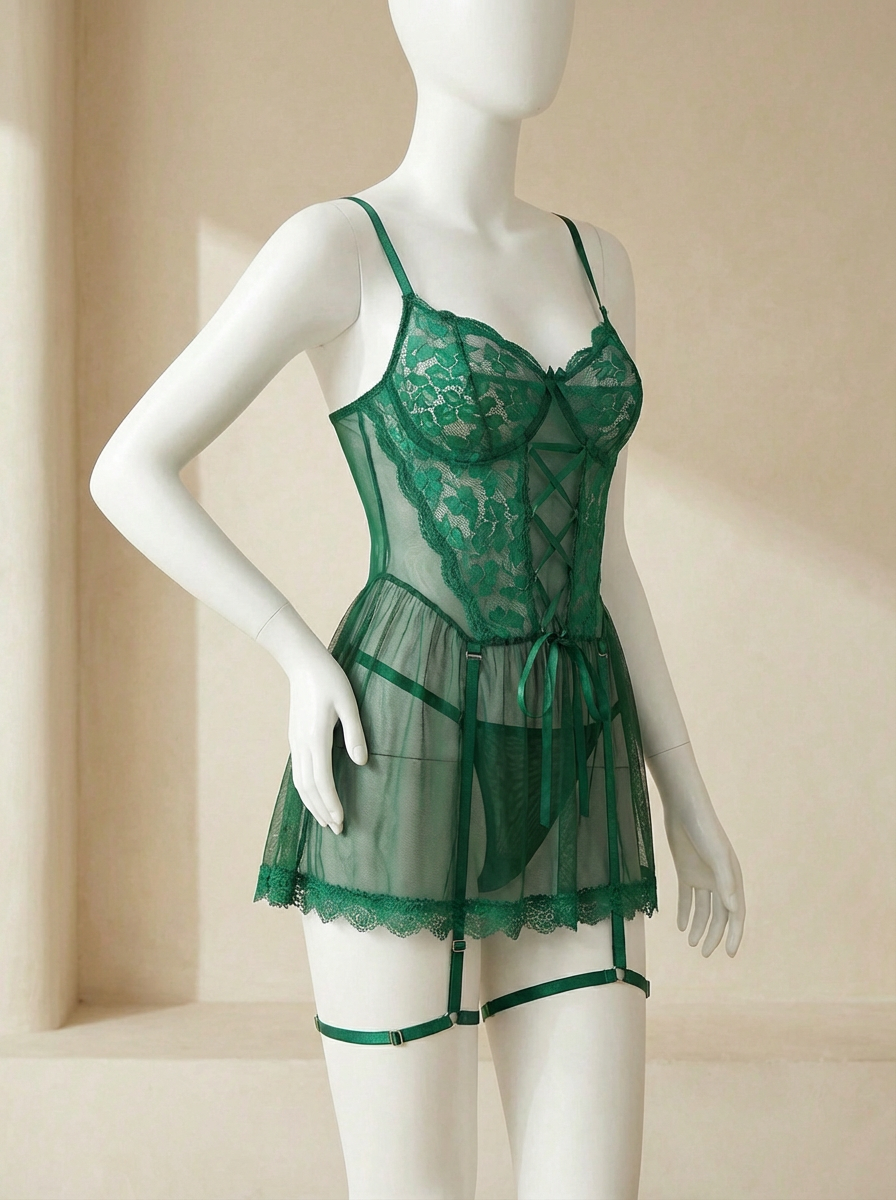 Conjunto de lencería: vestido de lencería con contraste de encaje y - imagen 3