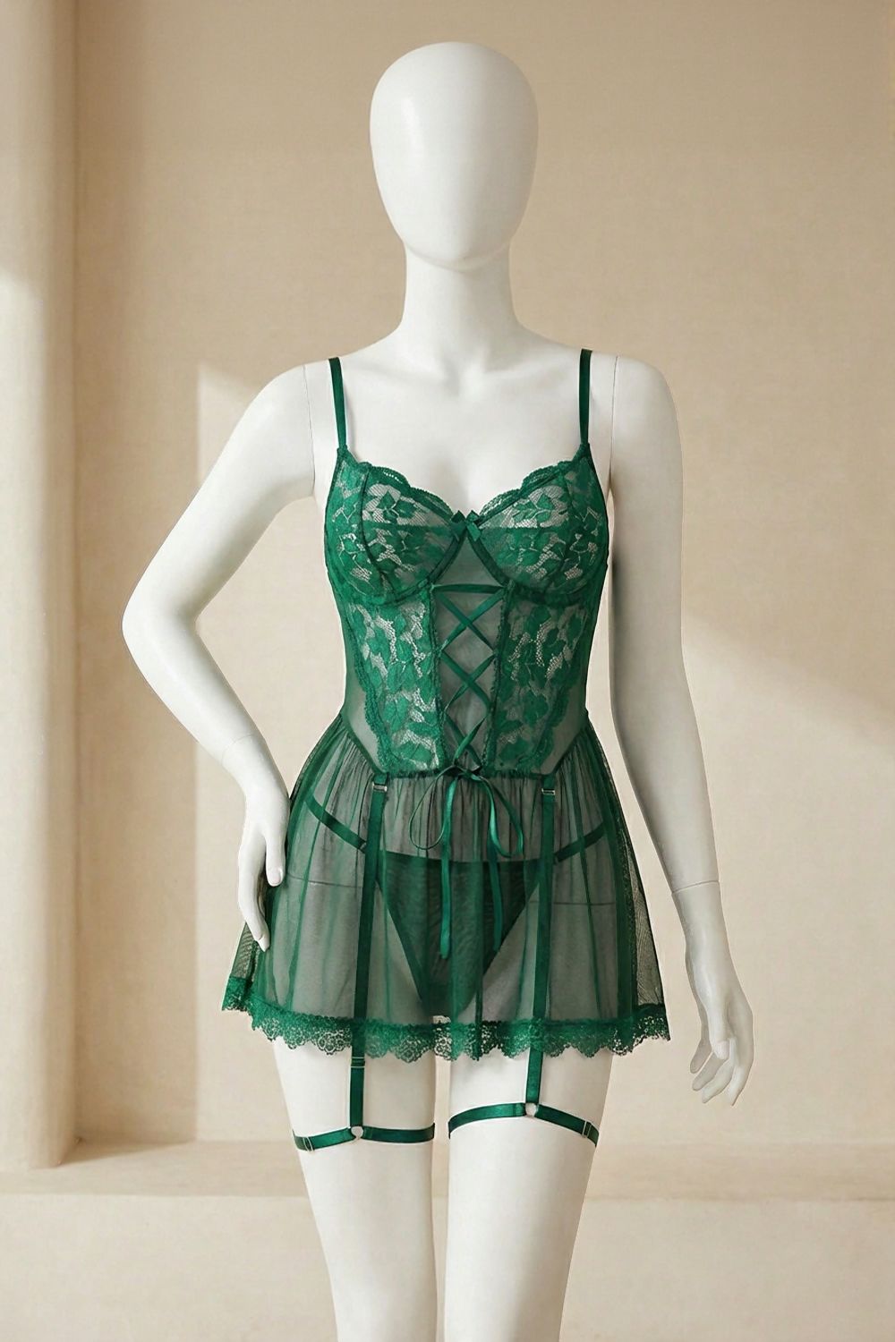 Conjunto de lencería: vestido de lencería con contraste de encaje y