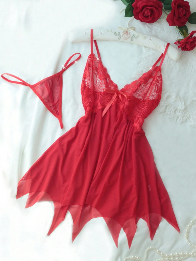 Conjunto de lencería con encaje floral, color rojo - imagen 3