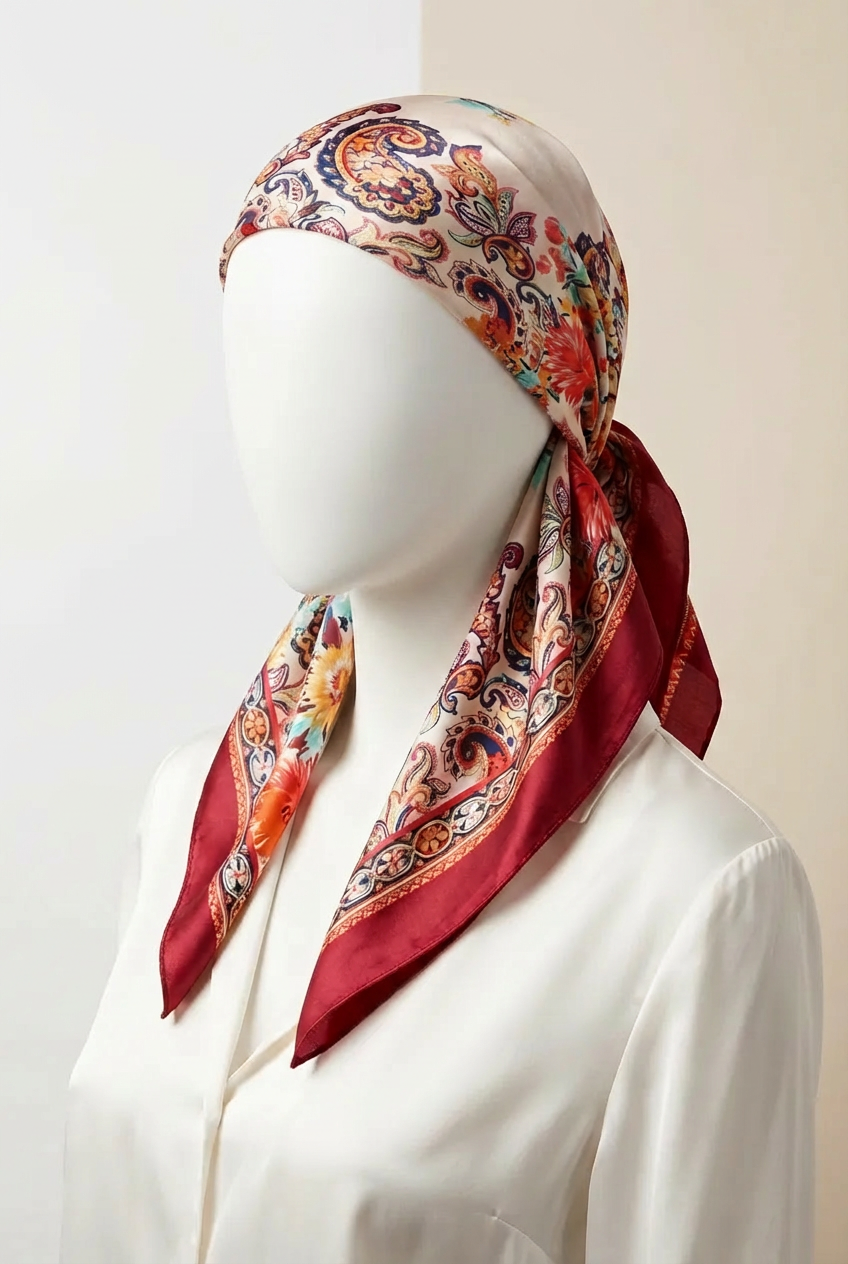 Pañuelo cuadrado rojo con estampado de paisley vintage, flores rojas - imagen 2
