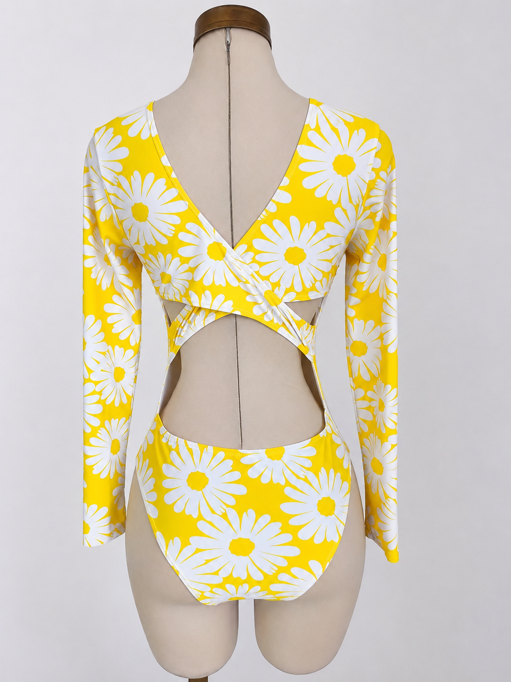 Traje de baño amarillo estampado con mangas largas, espalda cruzada - imagen 2