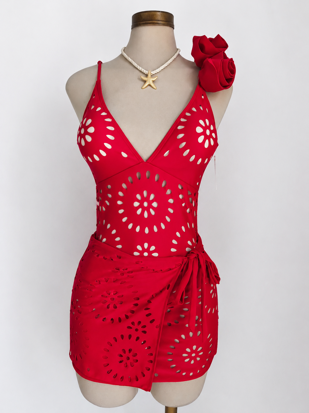 Traje de baño de 2 piezas con falda, de cuello en V, color rojo