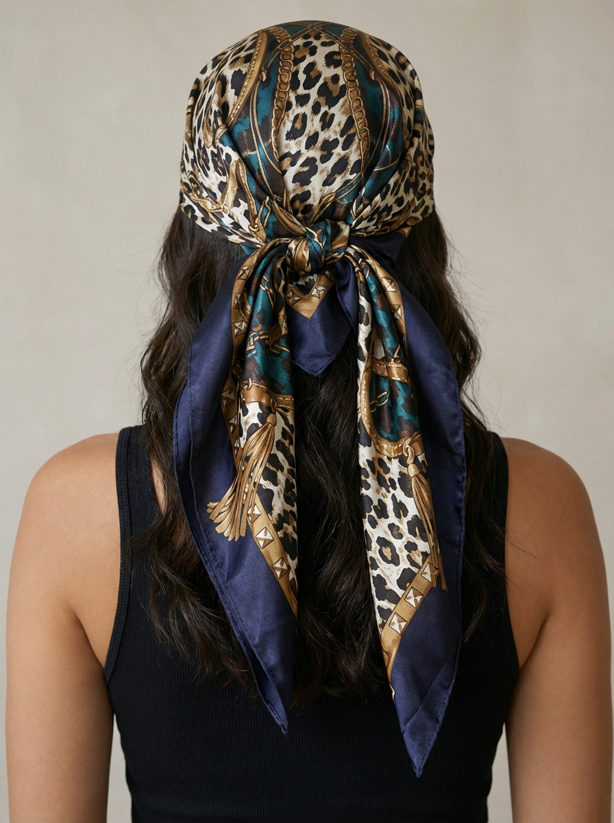 Pañuelo bandana cuadrado de seda con estampado de cadena de leopardo - imagen 4