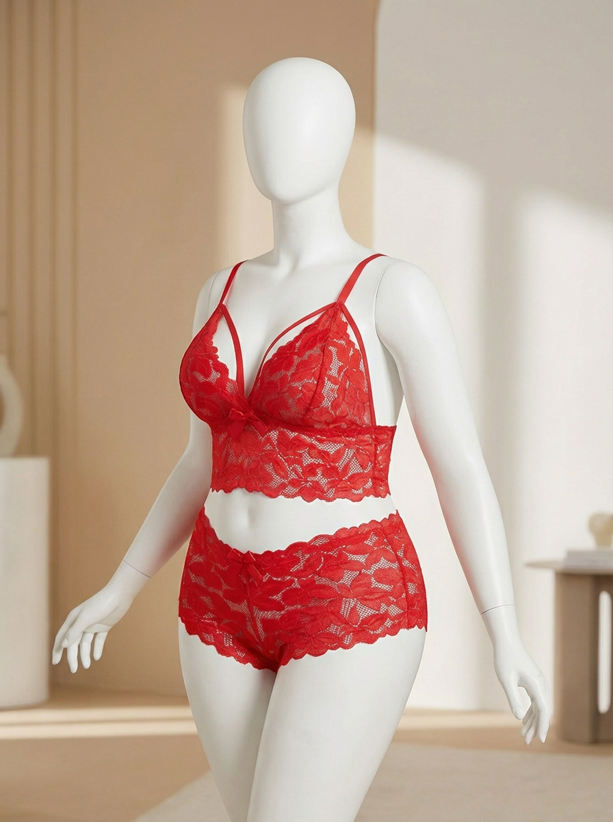 Conjunto de lencería de encaje en tallas plus, color rojo - imagen 3
