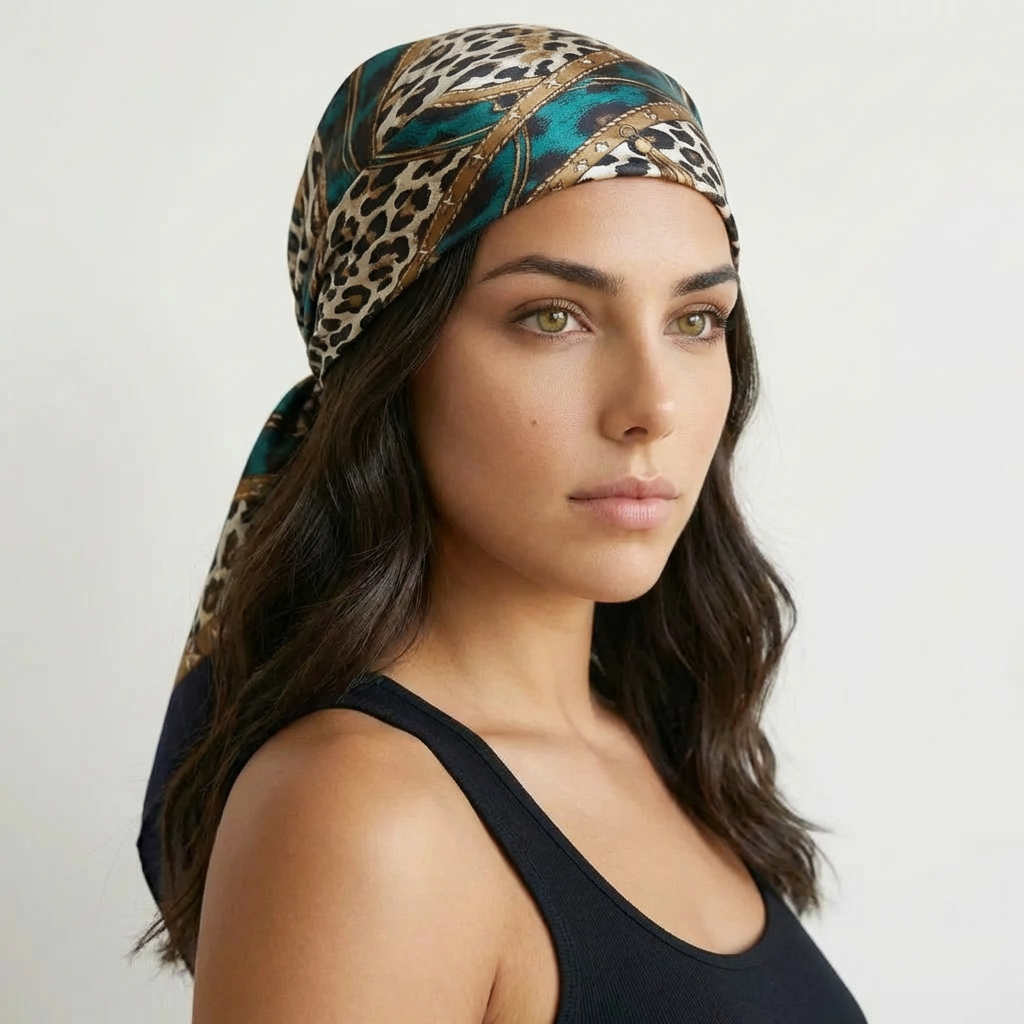 Pañuelo bandana cuadrado de seda con estampado de cadena de leopardo - imagen 2