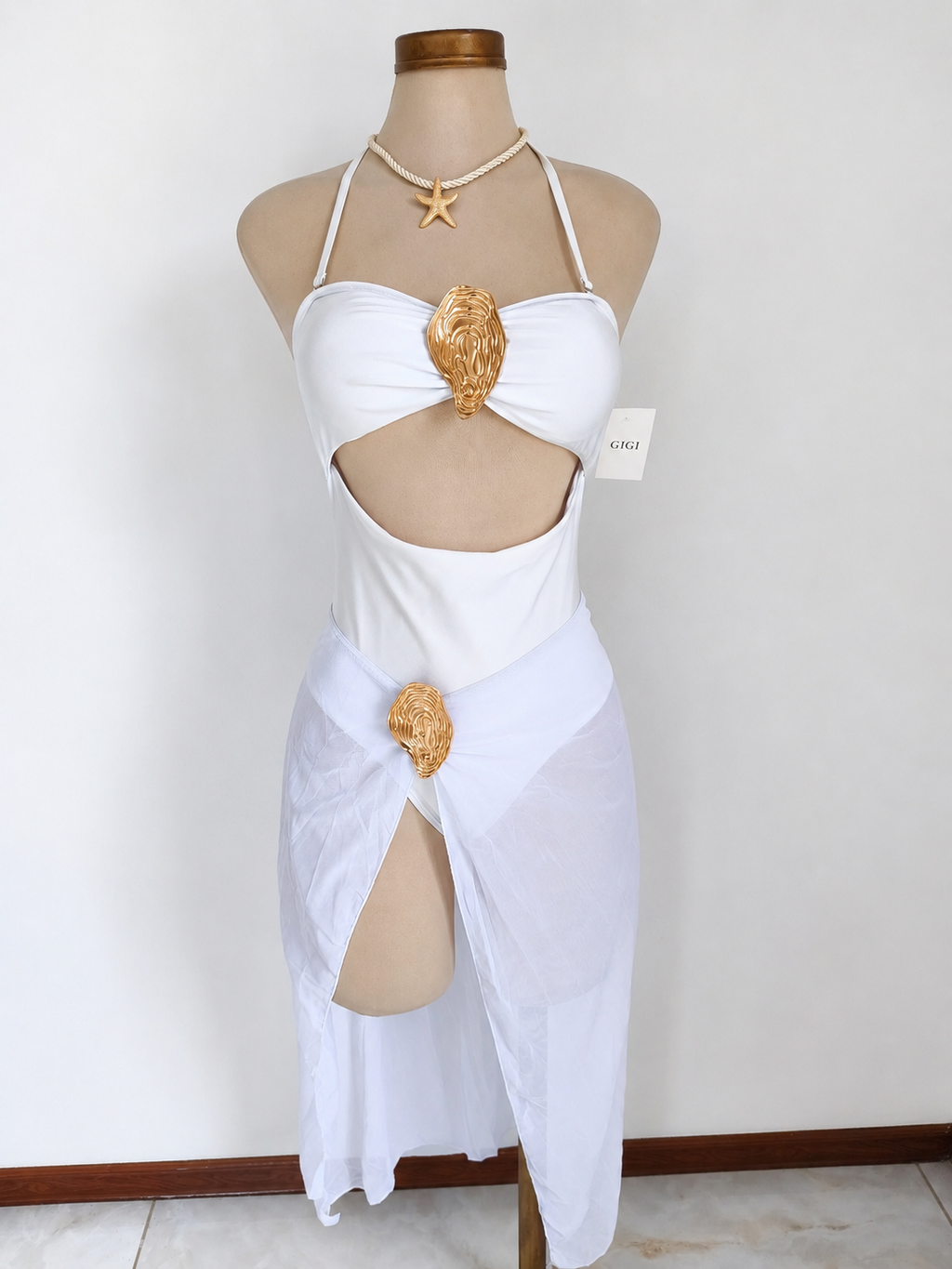 Traje de baño de 1 pieza blanco con salida de playa larga
